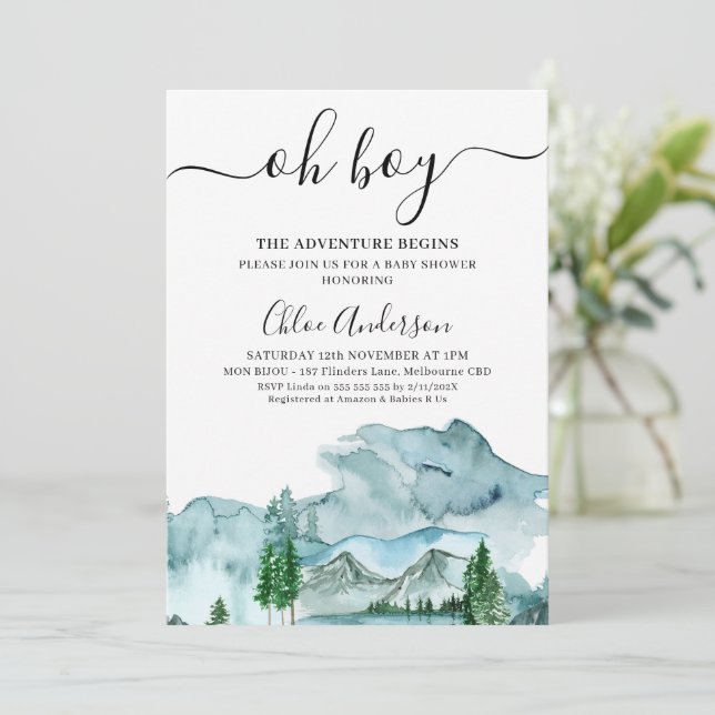 Blue Wilderness The Adventure Begins Baby Shower Invitation (Standing Front)