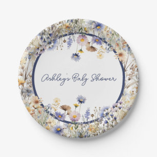 Blue Wildflower Boho Personalized Baby Shower Paper Plate