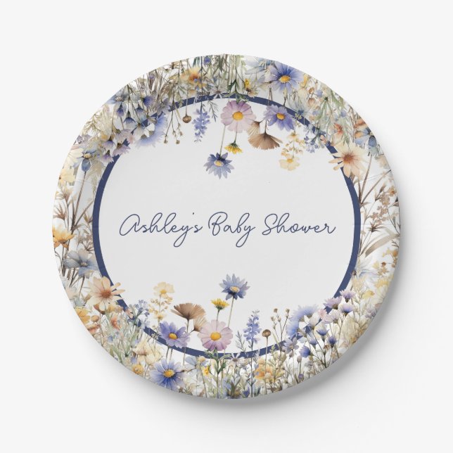 Blue Wildflower Boho Personalized Baby Shower Paper Plate (Front)