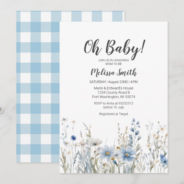 Blue Wildflower boy baby shower invitation (Front/Back)