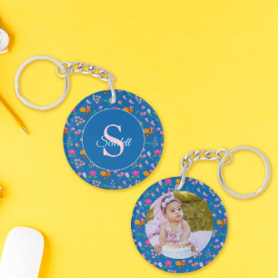Blue Wildflower & Bumble Bee Watercolor Monogram Keychain