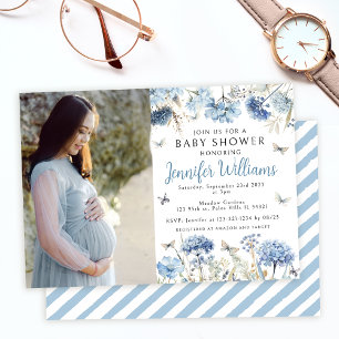 Blue wildflower butterfy baby boy shower photo invitation