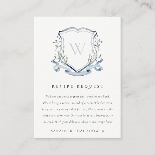Blue Wildflower Crest Recipe Request Bridal Shower Enclosure Card (Front)