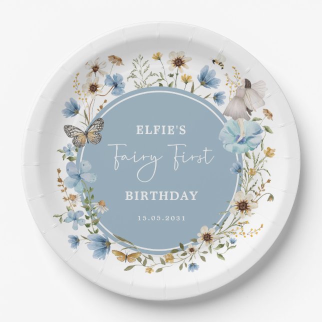 Blue Wildflower Fairy Princess Birthday Tea Party Paper Plate (Front)