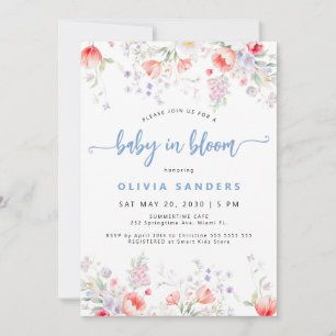 Blue wildflower floral boy baby in bloom shower invitation