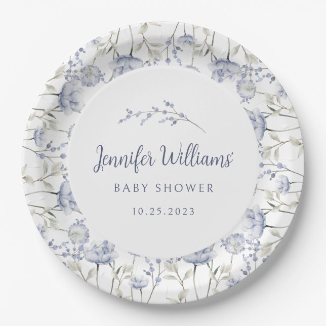 Blue wildflower floral boy baby shower Paper Plate (Front)