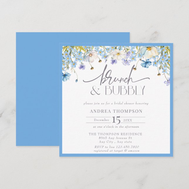 Blue Wildflower Floral Brunch Bubbly Bridal Shower Invitation (Front/Back)