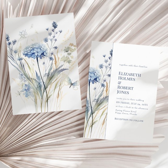 Blue Wildflower Garden Watercolor Wedding Invitation (Boho Chic French Blue Wildflowers Wedding Invitation on a sunny dry palm leaf.)