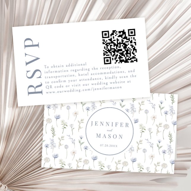Blue wildflower garden wedding RSVP QR code cards (Creator Uploaded)