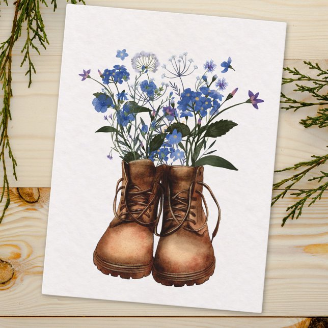 Blue Wildflower Hiking Boots Outdoor Postcard (Close up)