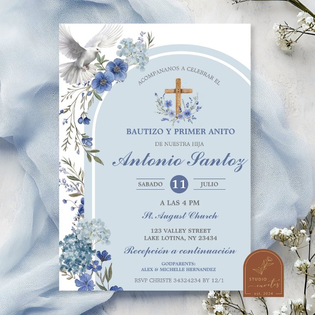 Blue Wildflower Hydrangea Boy Baptism Invitation (Creator Uploaded)