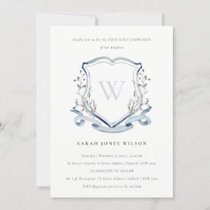 Blue Wildflower Initial Crest First Holy Communion Invitation