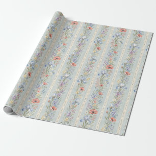 Blue Wildflower Lace Stripe Watercolor Gift Wrapping Paper
