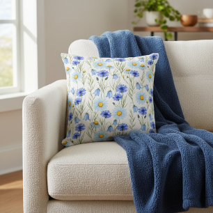 Blue Wildflower Meadow Pattern Throw Pillow