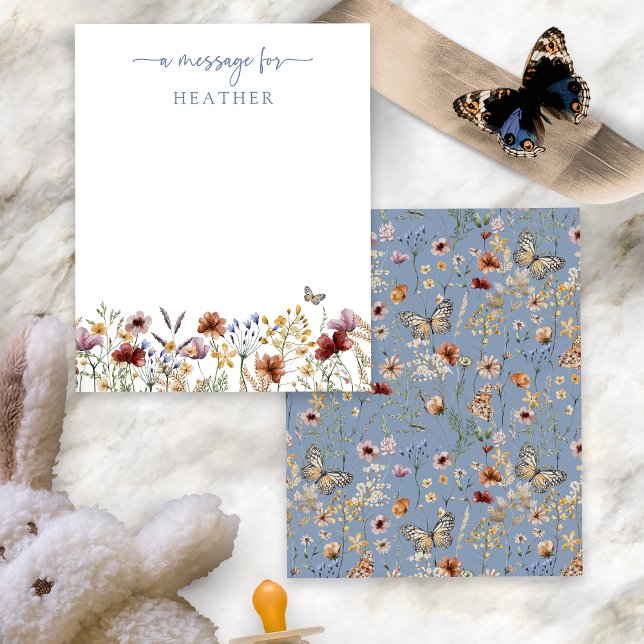 Blue Wildflower Message Card (Dusty Blue Boho Wildflower Message Card with Butterfly by Painted Paperie
)