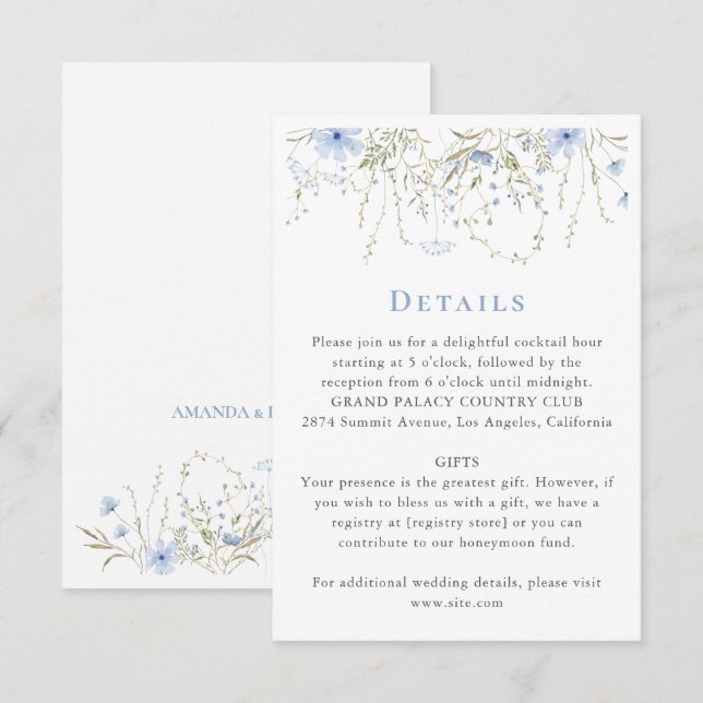 Blue Wildflower Periwinkle Wedding Details  Enclosure Card (Front/Back)