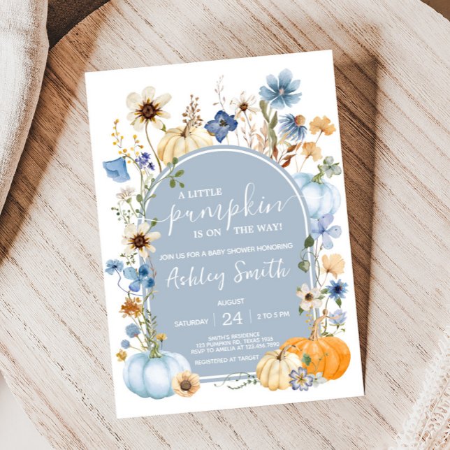 Blue Wildflower Pumpkin Baby Shower Invitation (Wildflower Pumpkin Baby Shower Invitation
)