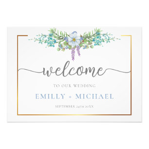 Blue Wildflower Roses and Gold Wedding Photo Print