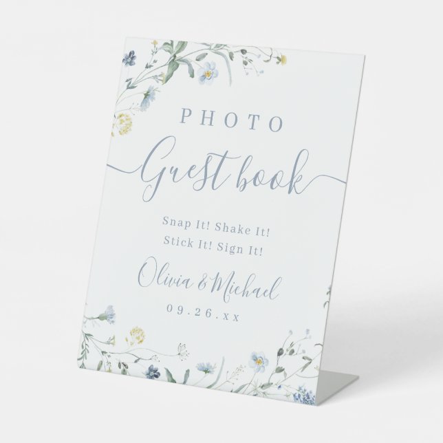 Blue Wildflower rustic Wedding Photo Guest Book Pedestal Sign (Front)