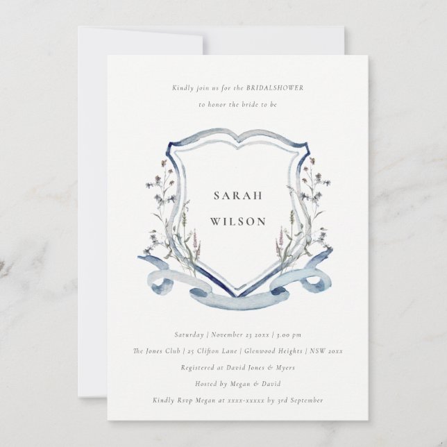 Blue Wildflower Watercolor Crest Bridal Shower Invitation (Front)