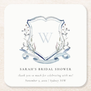 Blue Wildflower Watercolor Crest Bridal Shower Nap Square Paper Coaster