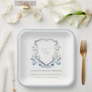 Blue Wildflower Watercolor Crest Bridal Shower Paper Plate