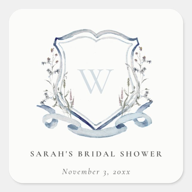 Blue Wildflower Watercolor Crest Bridal Shower Square Sticker (Front)