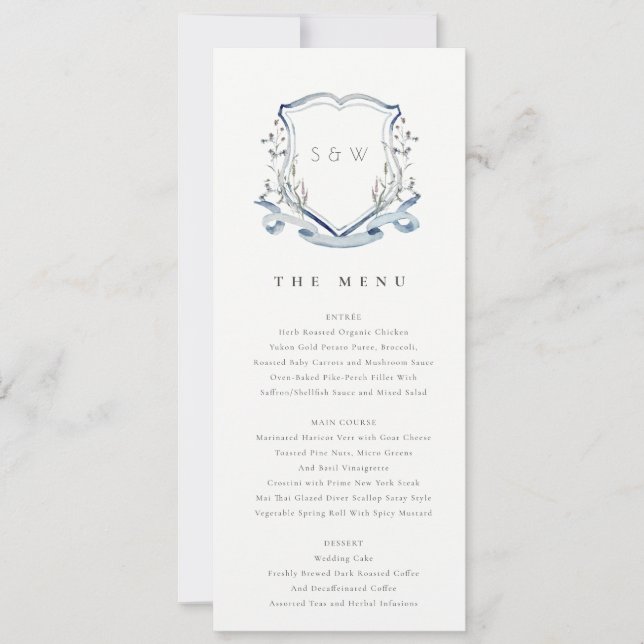 Blue Wildflower Watercolor Crest Wedding Menu Card (Front)