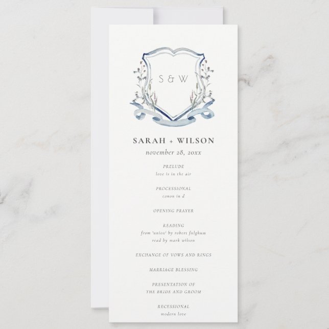 Blue Wildflower Watercolor Crest Wedding Program (Front)