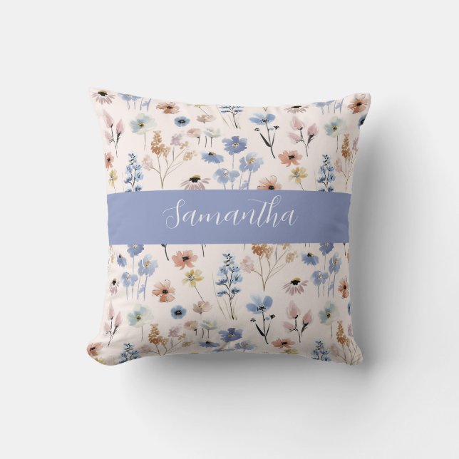 Blue Wildflower Watercolor Custom Name Throw Pillow (Front)