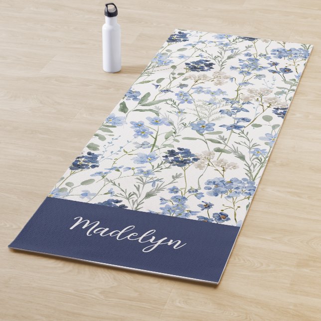 Blue Wildflower Watercolor Custom Name Yoga Mat (In Situ)