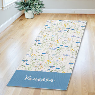 Blue Wildflower Watercolor Custom Name Yoga Mat