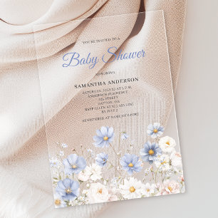 Blue Wildflower Watercolor Floral Baby Shower Acrylic Invitations