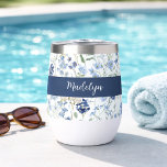 Blue Wildflower Watercolor Monogram Name<br><div class="desc">Relax after your workout with a nice wine in this personalized wine tumbler with a beautiful blue boho wildflower pattern with monogram name.</div>