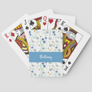 Blue Wildflower Watercolor Monogram Name Playing Cards