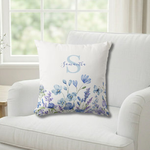 Blue Wildflower Watercolor Monogram Name Throw Pillow