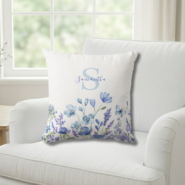  Blue Wildflower Watercolor Monogram Name  Throw Pillow (Creator Uploaded)