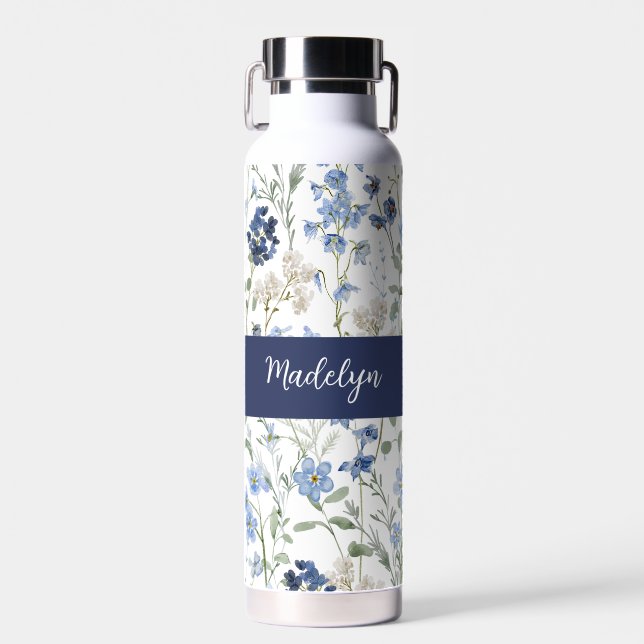 Blue Wildflower Watercolor Monogram Name Water Bottle (Front)