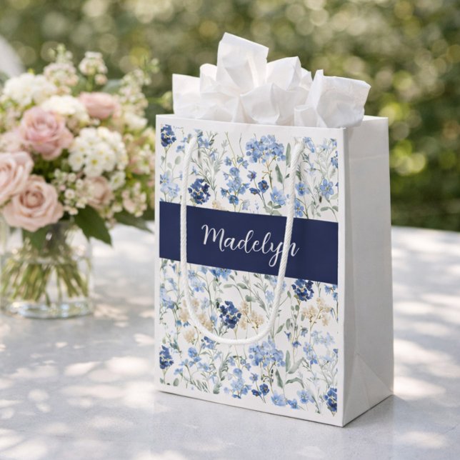 Blue Wildflower Watercolor Monogram Small Gift Bag (Creator Uploaded)