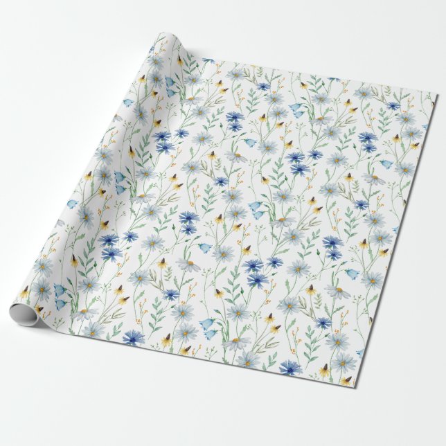 Blue Wildflower Watercolor Wrapping Paper (Unrolled)
