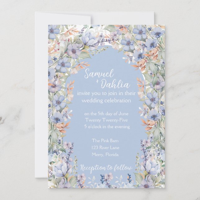 Blue Wildflower Wedding Invitation with Details  (Front)