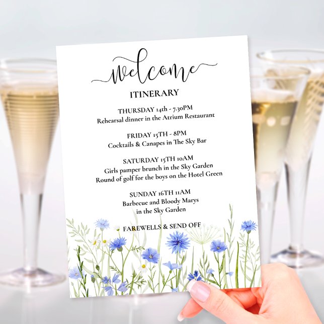 Blue Wildflower Wedding Weekend Itinerary Welcome Enclosure Card (Creator Uploaded)