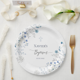 blue wildflowers Baptism Paper Plate