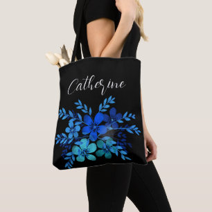 Blue wildflowers Boho Script Personalized Name Tote Bag