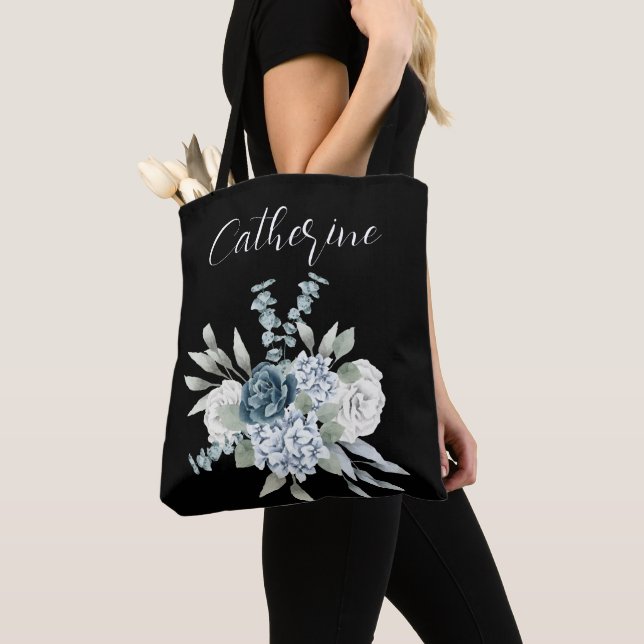 Blue wildflowers Boho Script Personalized Name Tote Bag (Close Up)