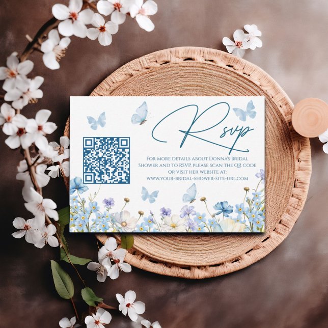 Blue Wildflowers Bridal Shower QR Code RSVP Card (Creator Uploaded)