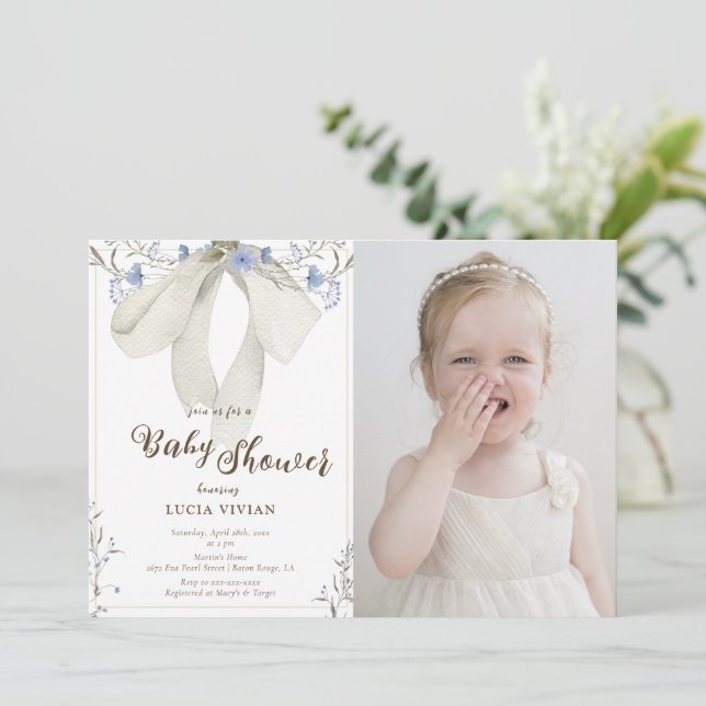 Blue Wildflowers Coquette Bow Photo Baby Shower Invitation