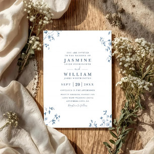 Blue Wildflowers Elegant Modern QR Code Wedding Invitation