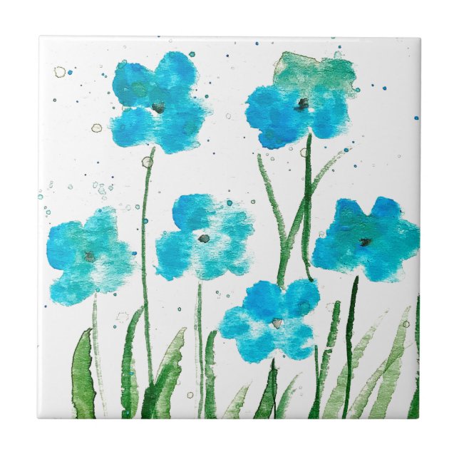 Blue Wildflowers Floral watercolor Kitchen Rustic Tile (Front)