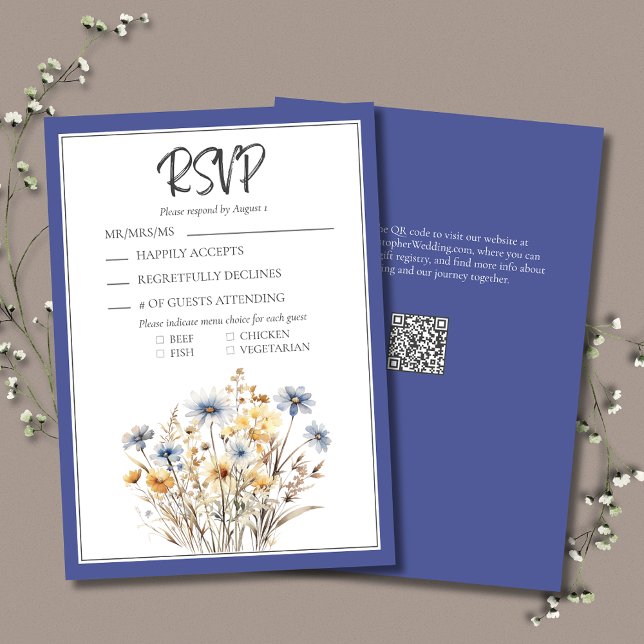 Blue Wildflowers Formal Elegant Modern Wedding RSVP Card (Blue Wildflowers Formal Elegant Wedding RSVP Card with Menu Options, QR Code.)